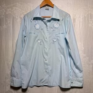 Napoleon Dynamite Button Up Med Blue Embroidered Floral Pearl Snap Pedro Costume